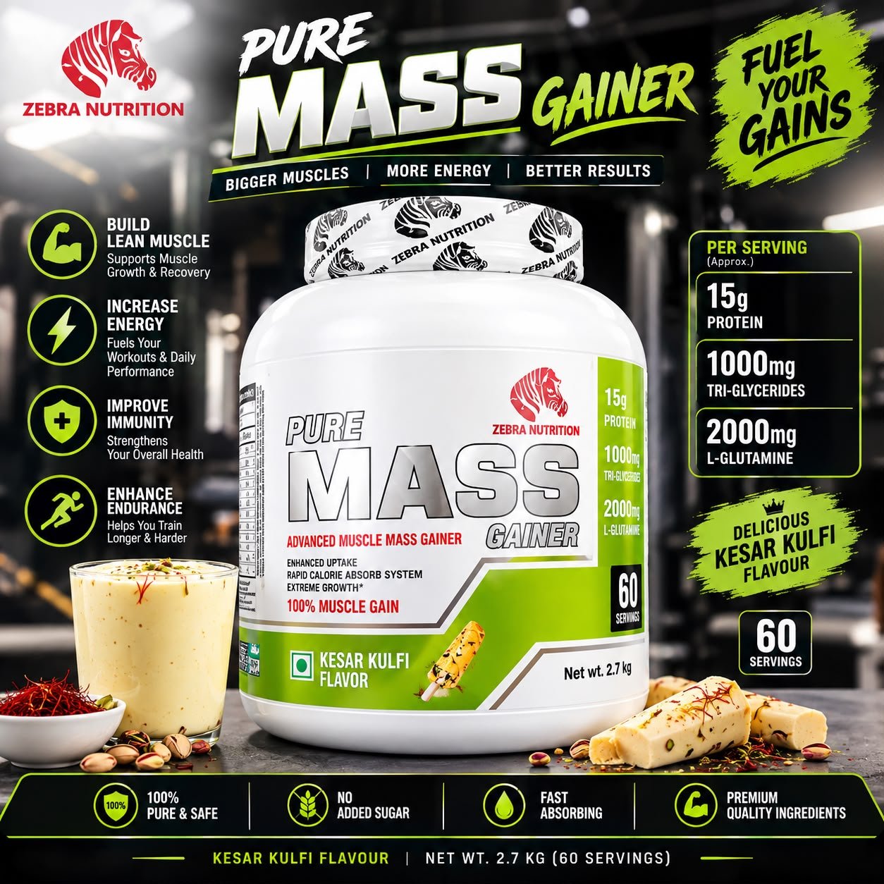 ZEBRA NUTRITION PURE MASS GAINER 2.7KG 60 SERVING